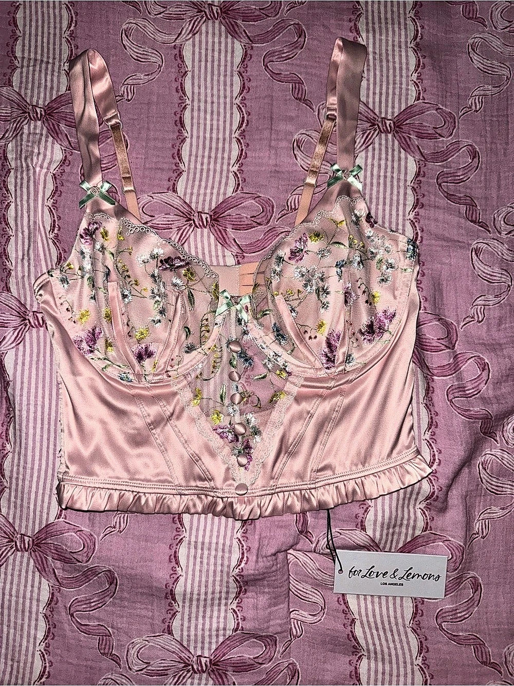 For Love & Lemons Rose Cluster Bustier Pink Bra